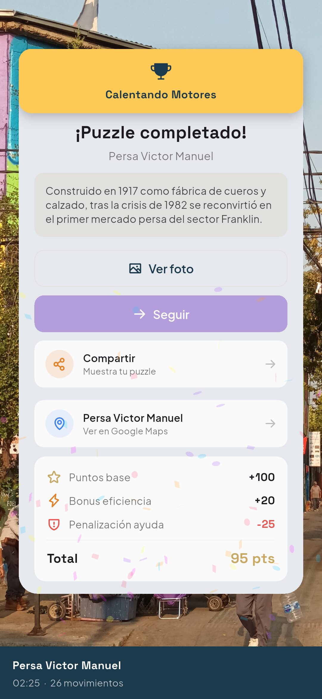 Puzzle completado — trofeo Calentando Motores, dato cultural del lugar y puntaje con bonus de eficiencia