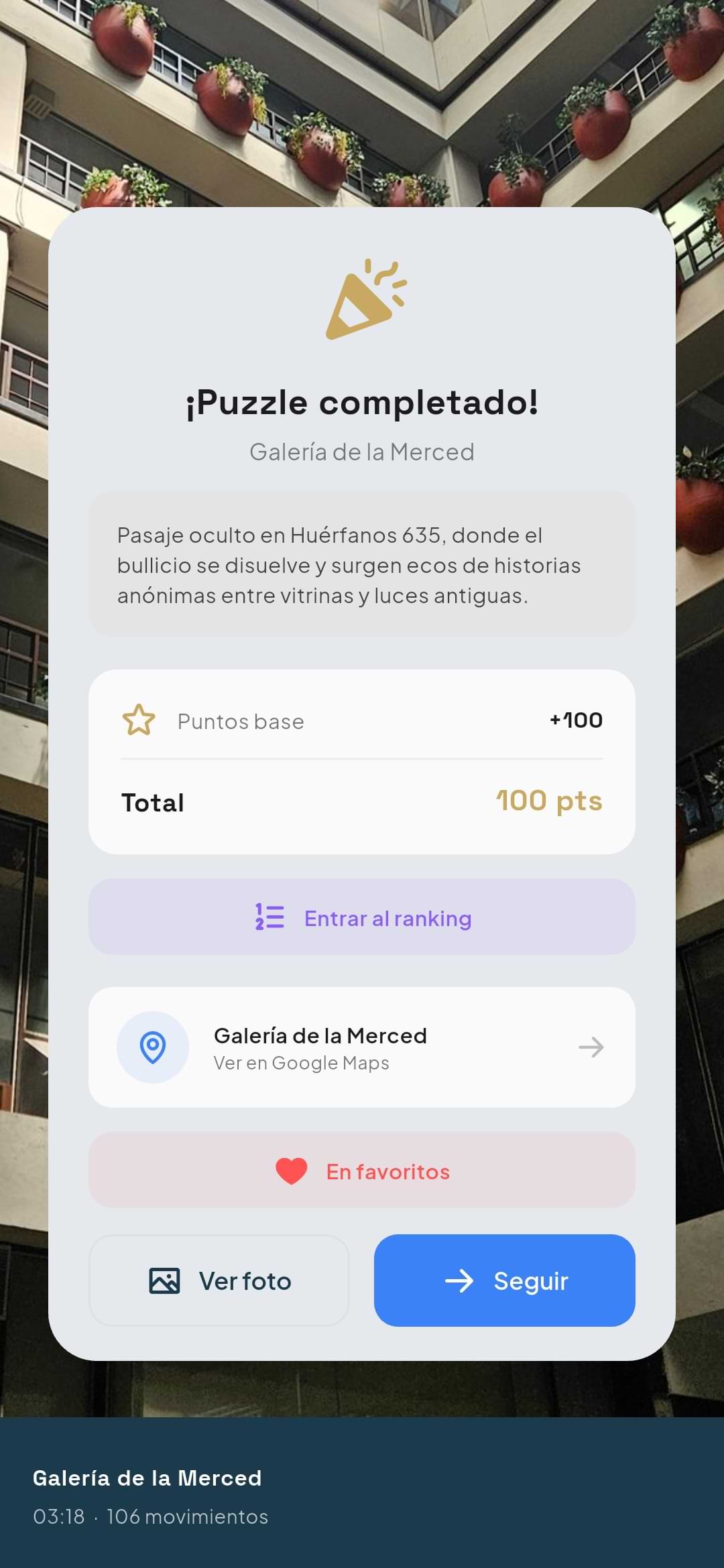 Puzzle completed screen showing 100 points earned, a tip about the location, Google Maps link, and options to view the photo or continue