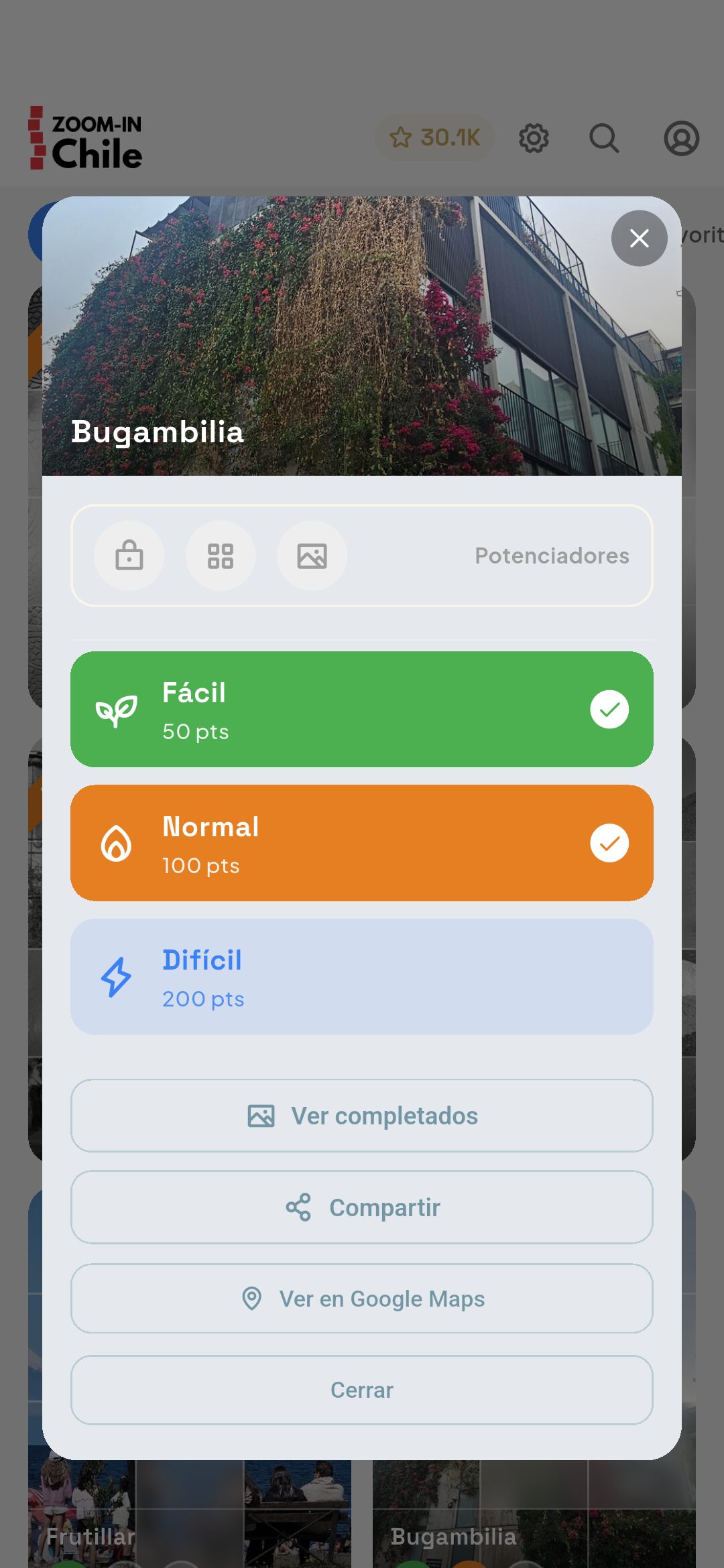 Detalle — diálogo de Bugambilia con Fácil y Normal completados, Difícil por jugar y las opciones Ver completados, Compartir y Ver en Google Maps