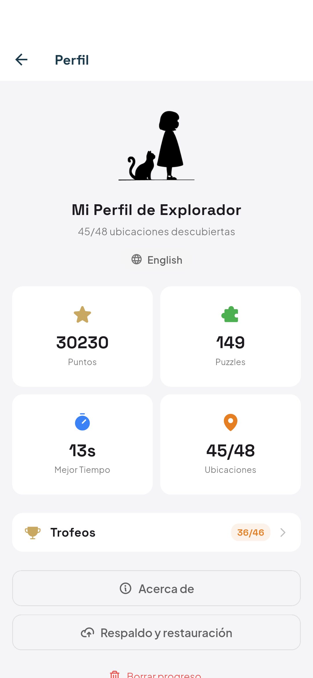 Perfil — perfil de explorador con 30.230 puntos, 149 puzzles, mejor tiempo de 13 segundos y 45 de 48 ubicaciones descubiertas
