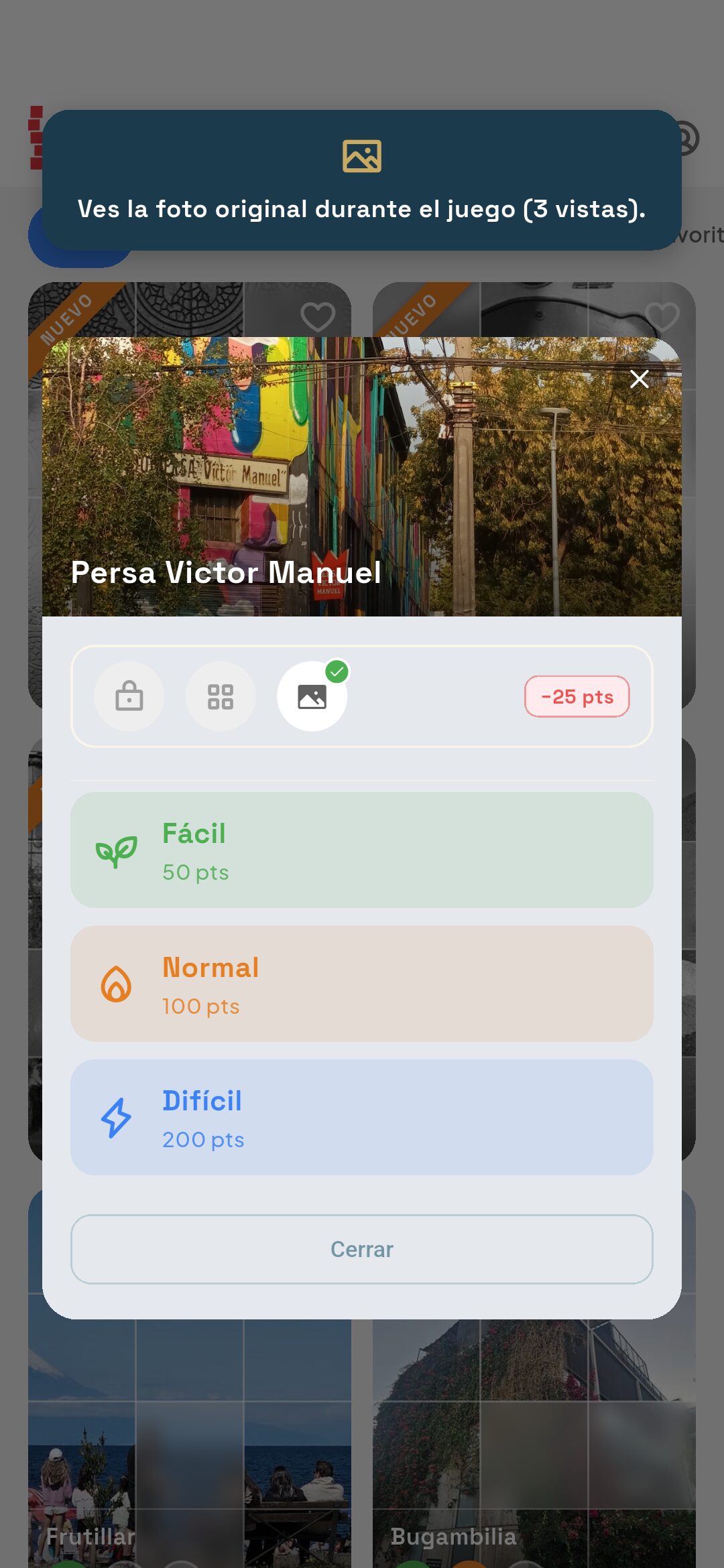 Potenciadores — la foto original activada: puedes verla hasta 3 veces durante el juego a cambio de 25 puntos
