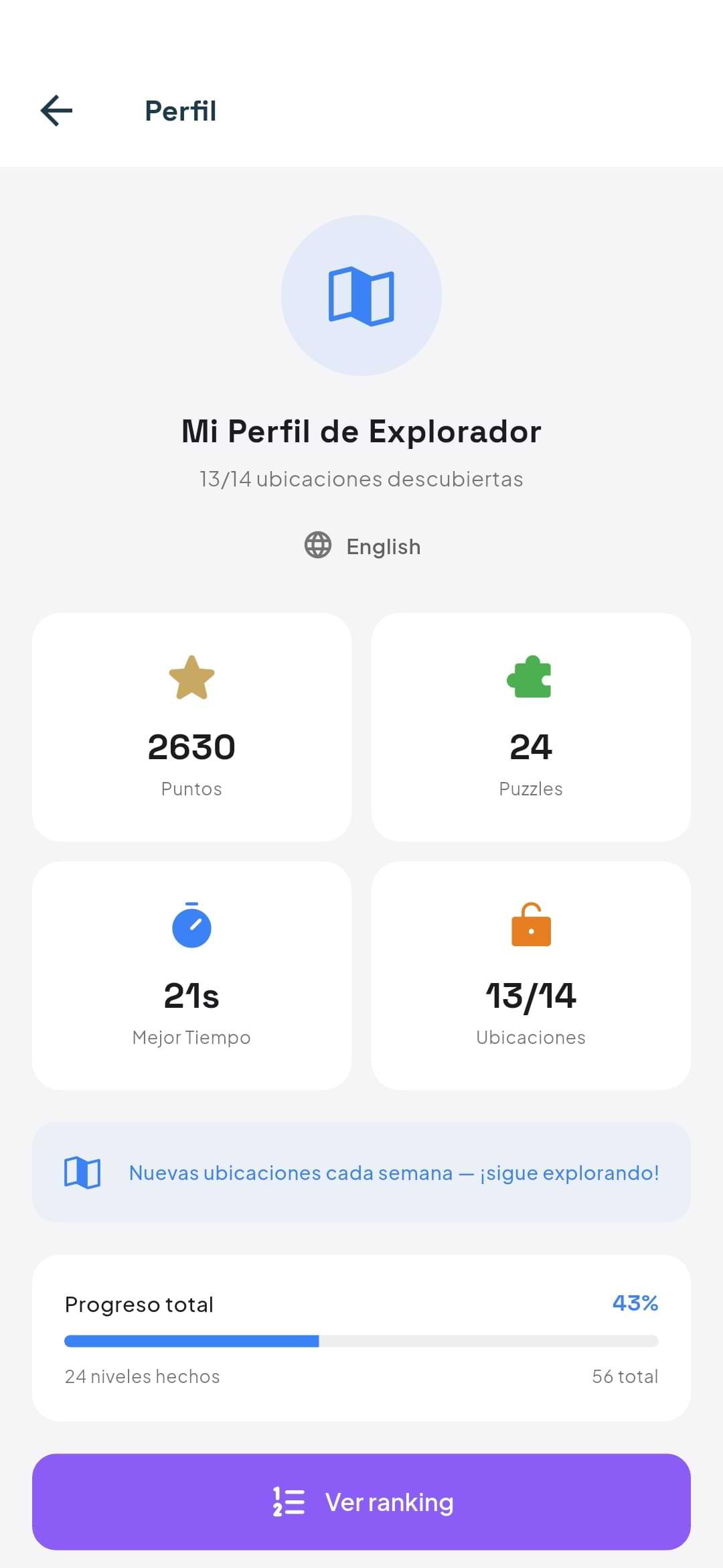 Explorer profile with 2630 points, 24 puzzles solved, 21-second best time, 13 of 14 locations discovered, and 43% total progress