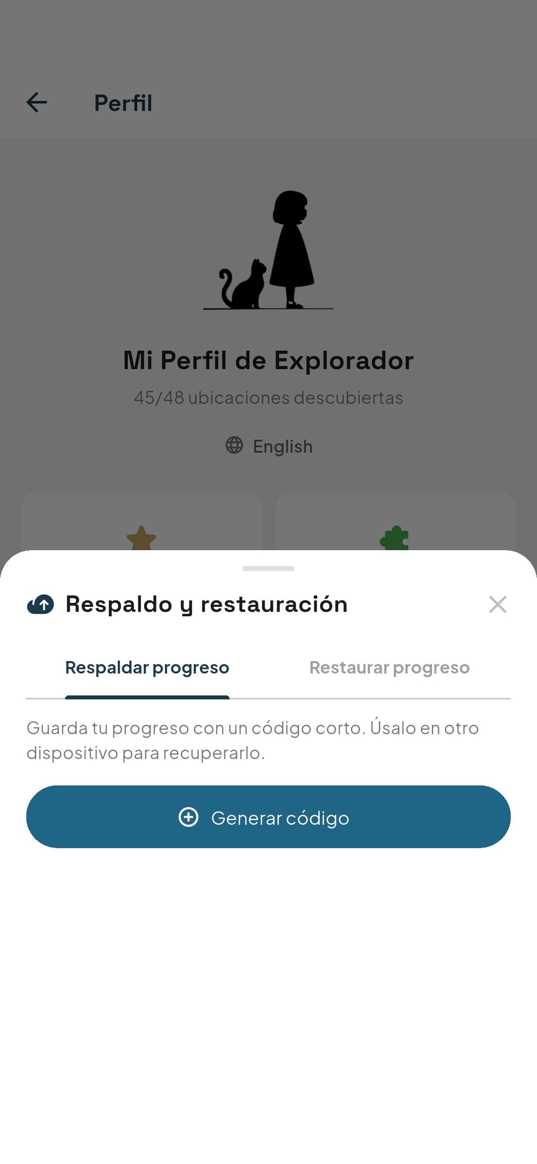 Respaldo — guarda tu progreso con un código corto para recuperarlo en otro teléfono