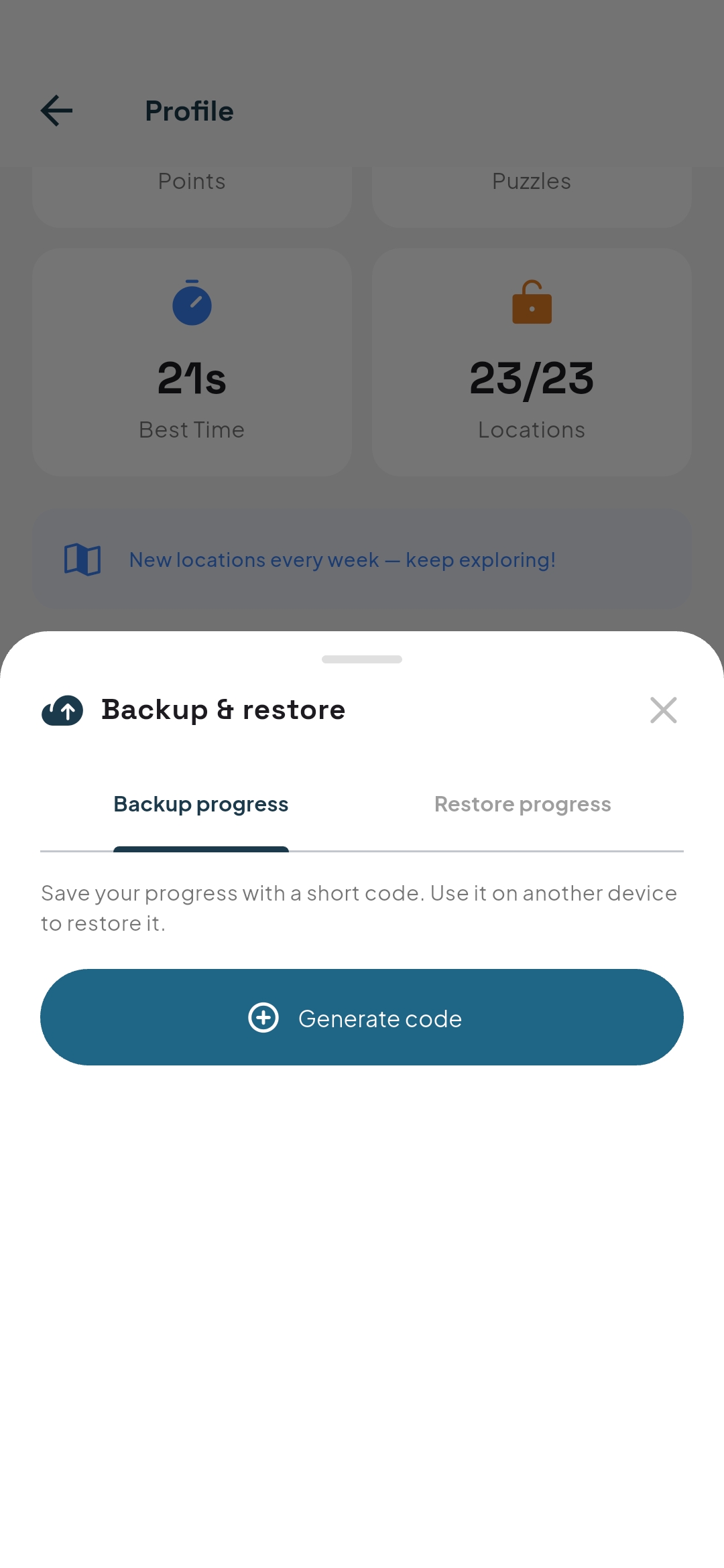 Respaldo — pantalla de respaldo y restauración de progreso con un código corto para recuperar el avance en otro teléfono