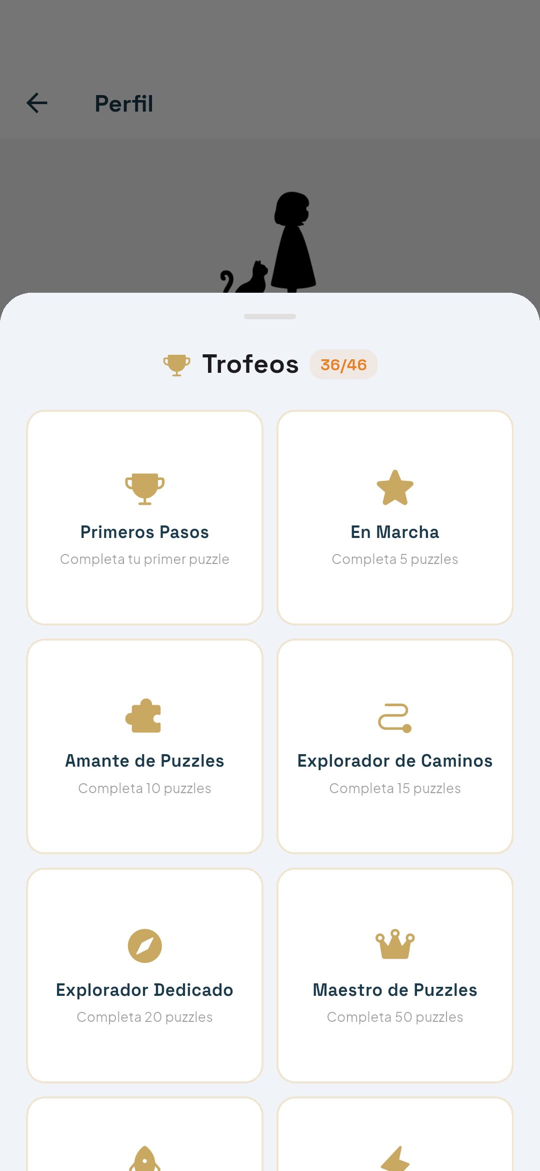 Trofeos — colección con 36 de 46 desbloqueados, como Primeros Pasos, En Marcha y Maestro de Puzzles